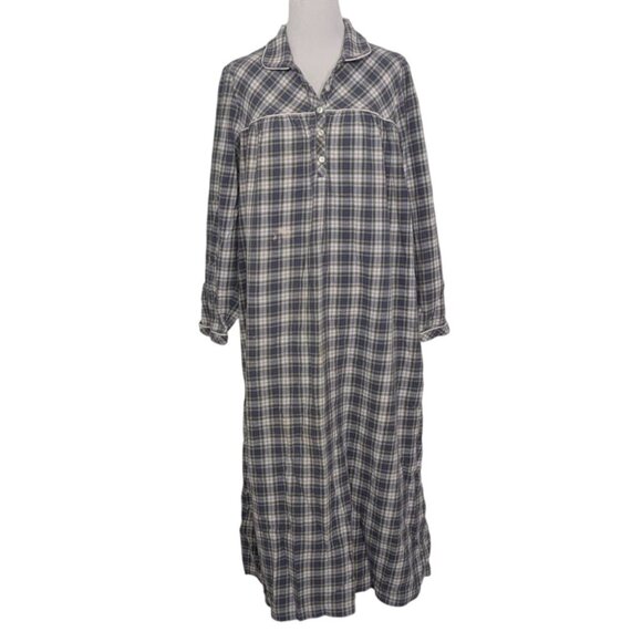 LL Bean Plaid Midi Nightgown Womens Size Medium Blue 100% Cotton Long Sleeve - Picture 1 of 10